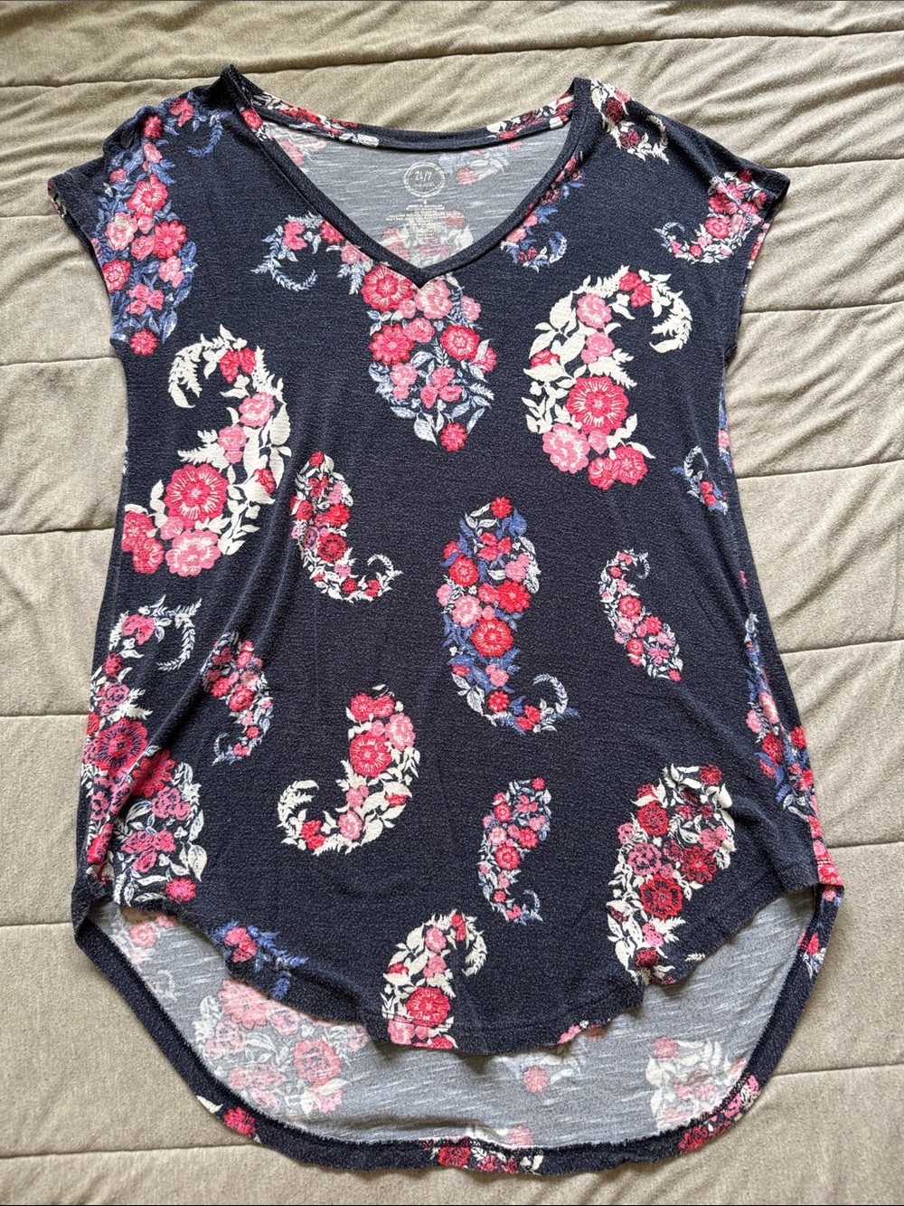 Navy Floral V-Neck Tunic Top with Pink Accents
